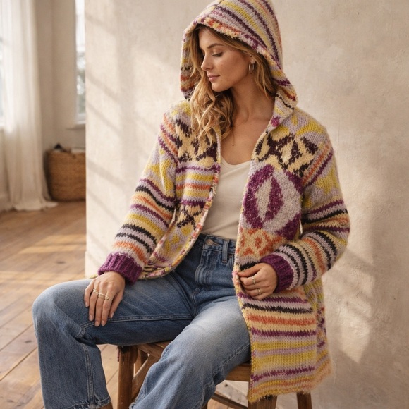 Free People Peggy Cardigan Sunshine Orchid Combo Hooded Boho Sweater S - Picture 3 of 11